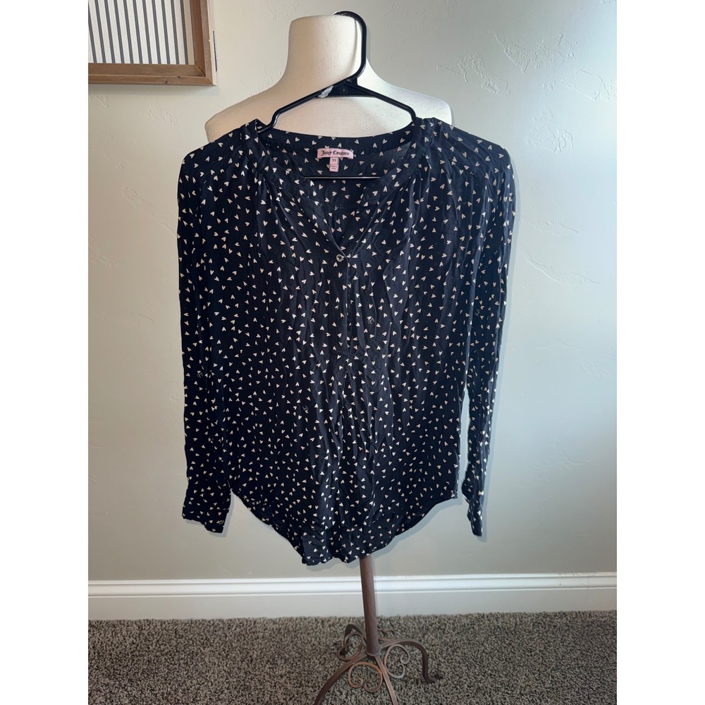 Juicy Couture Black Heart Print V Neck Button Up Long Sleeve Blouse Top‎ XS